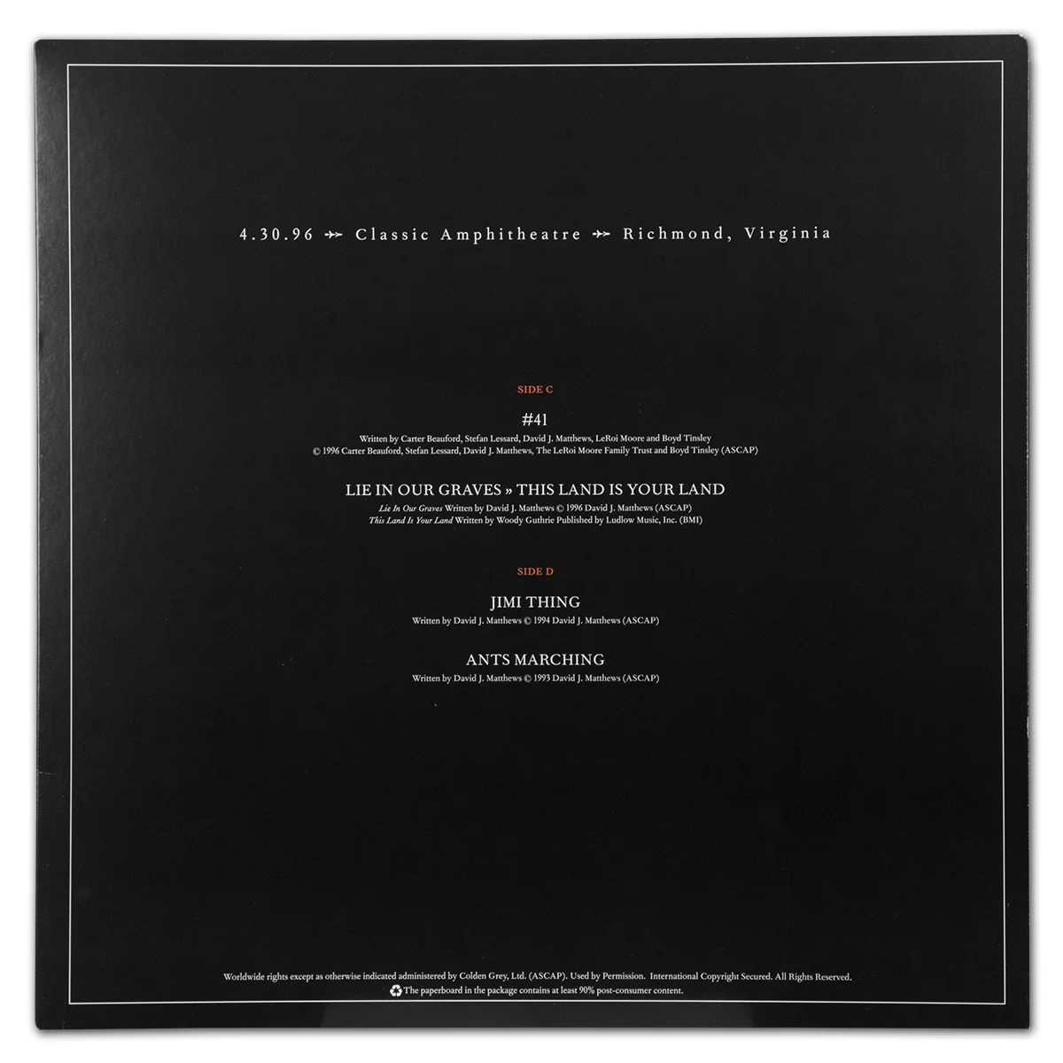 DMB Live Trax Vol. 04: 04/30/1996 - Classic Amphitheatre - 4 LP Set - Image 4
